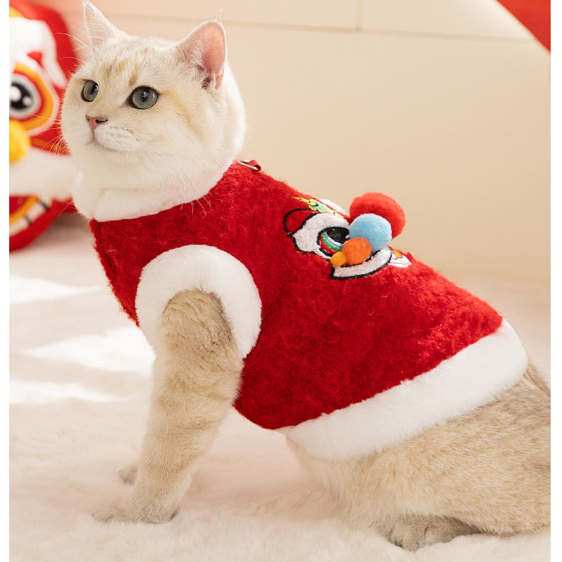 KFX-6378045 Festive 3D Lion Dance Sweater for Pets - Cozy Cotton-Padded Design with Leash Ring