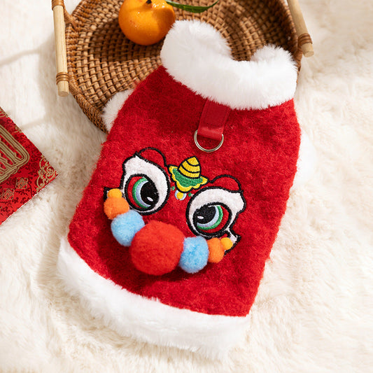 KFX-6378045 Festive 3D Lion Dance Sweater for Pets - Cozy Cotton-Padded Design with Leash Ring