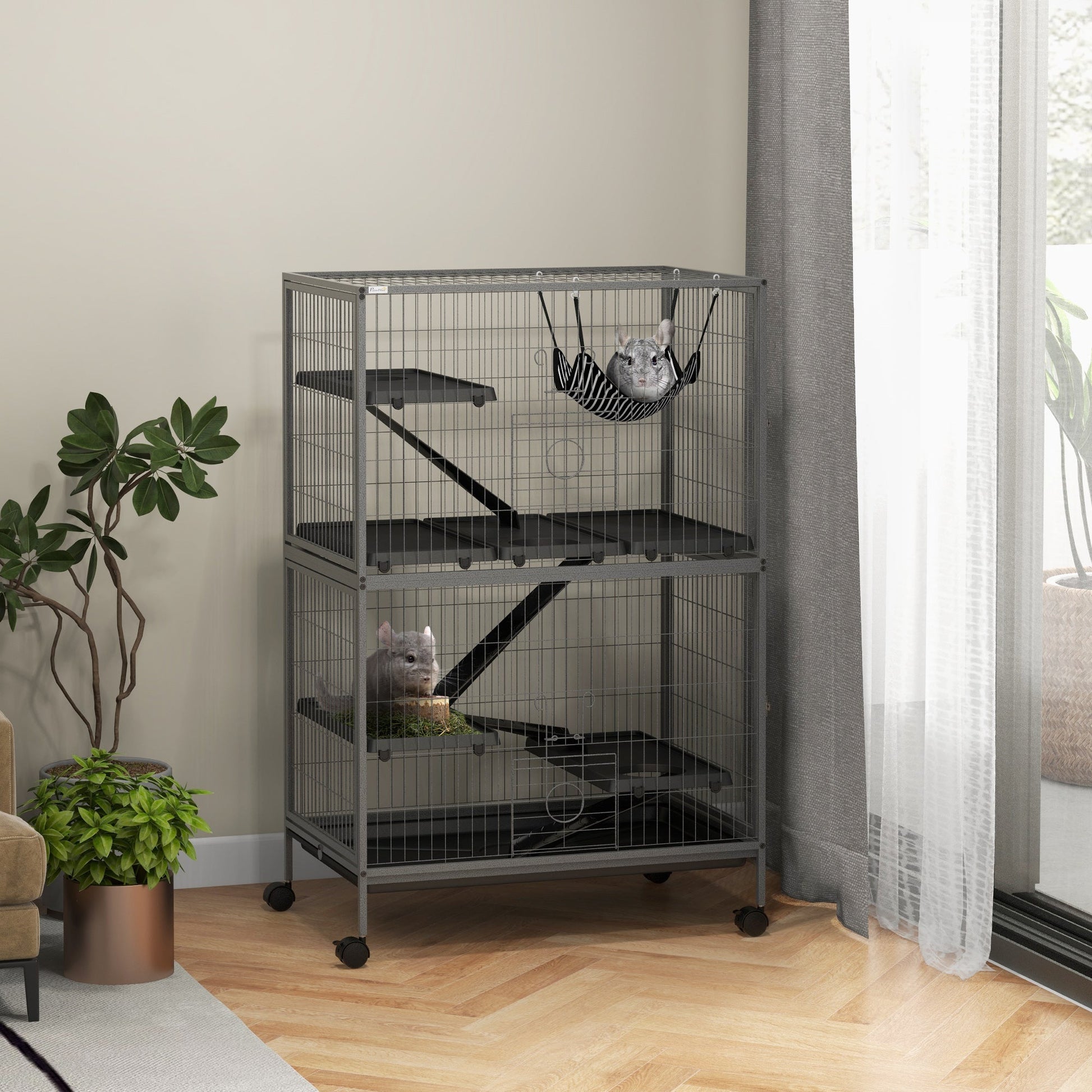 KFX-6382909 50" Rolling Small Animal Cage with Hammock and Multi-Tier Design