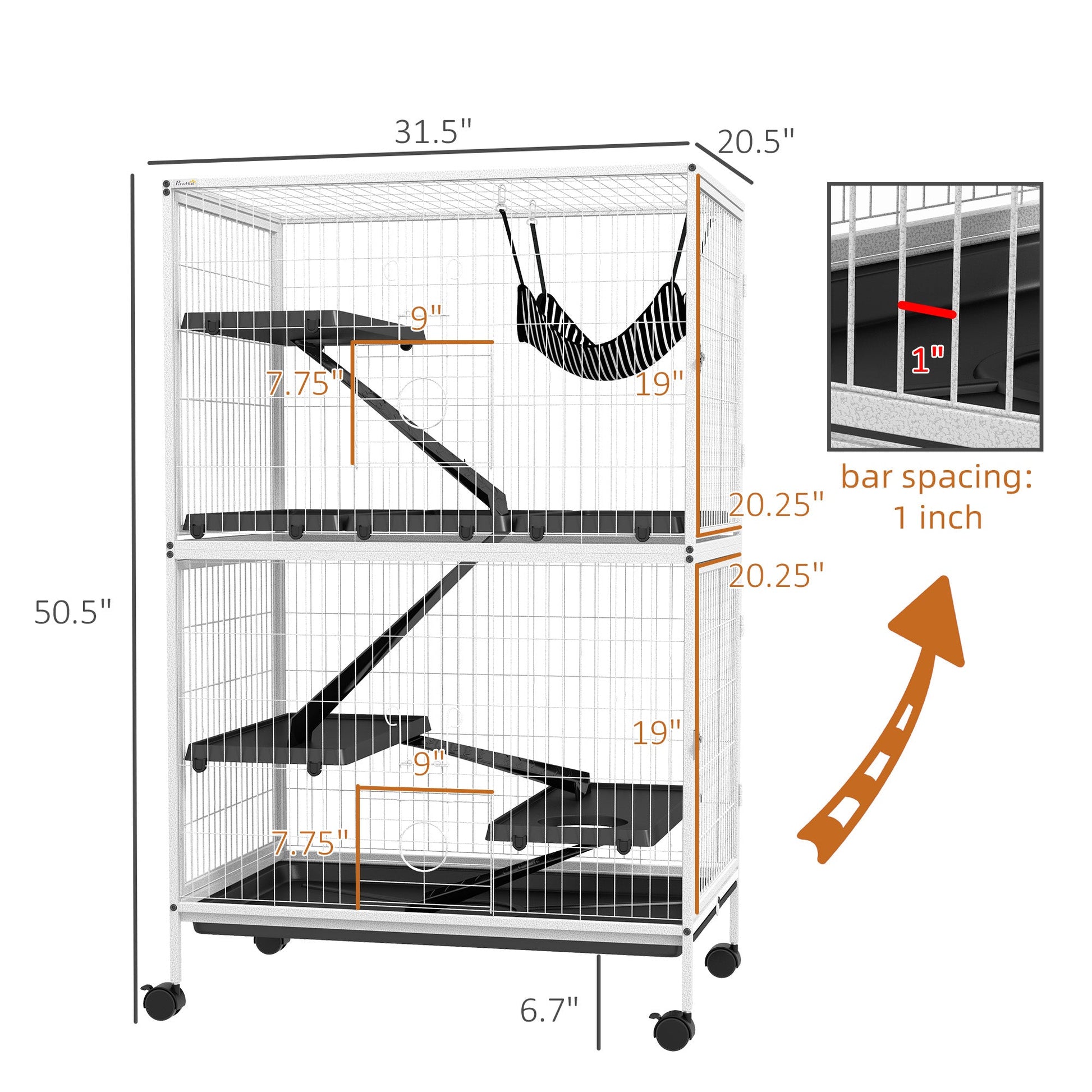 KFX-6382909 50" Rolling Small Animal Cage with Hammock and Multi-Tier Design