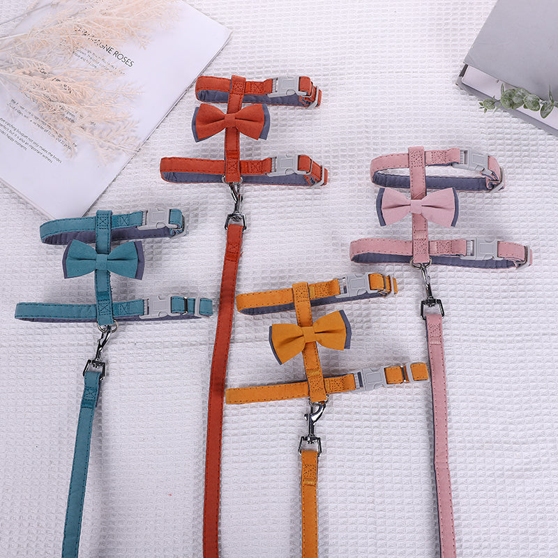 KFX-6387261 Color-Blocked Cotton-Filled Cat Leash with Bow Knot and Adjustable Chest Strap