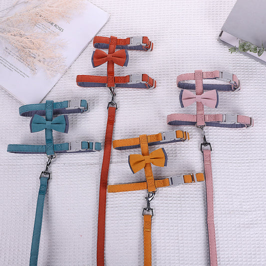 KFX-6387261 Color-Blocked Cotton-Filled Cat Leash with Bow Knot and Adjustable Chest Strap