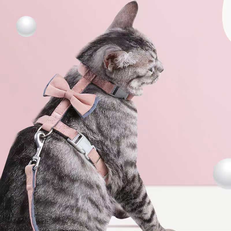 KFX-6387261 Color-Blocked Cotton-Filled Cat Leash with Bow Knot and Adjustable Chest Strap