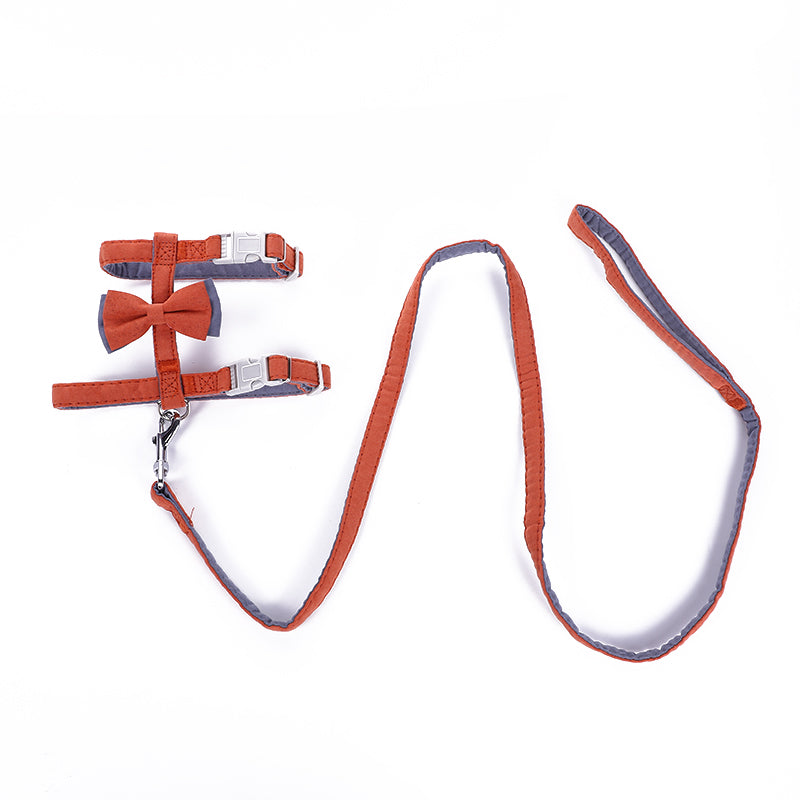 KFX-6387261 Color-Blocked Cotton-Filled Cat Leash with Bow Knot and Adjustable Chest Strap