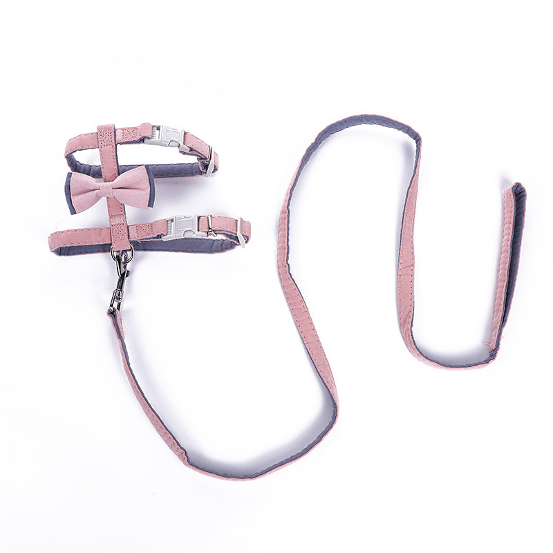 KFX-6387261 Color-Blocked Cotton-Filled Cat Leash with Bow Knot and Adjustable Chest Strap
