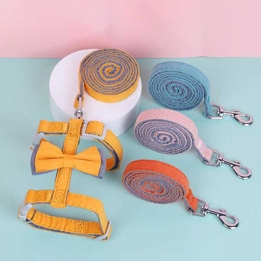 KFX-6387261 Color-Blocked Cotton-Filled Cat Leash with Bow Knot and Adjustable Chest Strap
