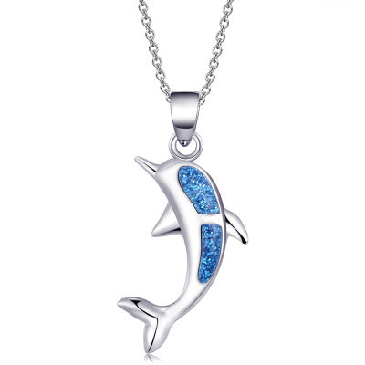 KFX-6387645 Opal Resin Dolphin Pendant Necklace with Alloy Chain, Ocean Inspiration