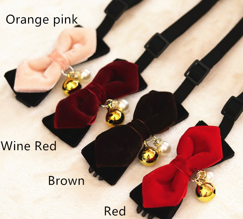 KFX-6392765 Elegant Velvet Pet Bow Tie for Dogs and Cats - Red, Wine Red, Brown, Orange Pink - Sizes XS to L