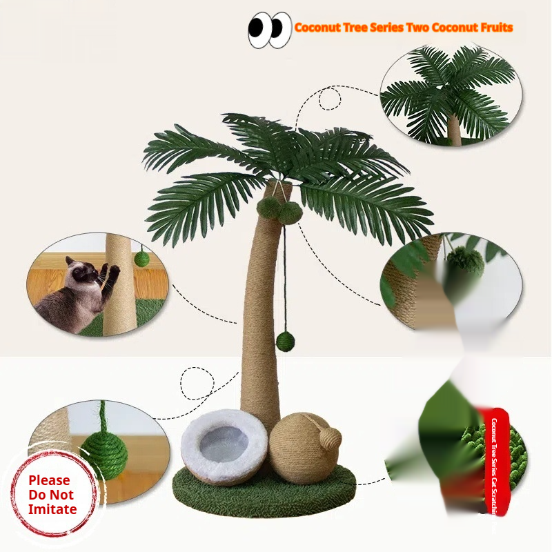 KFX-6394045 Coconut Tree Style Cat Scratching Post - Wooden, Green & Camel, 40x40x72cm