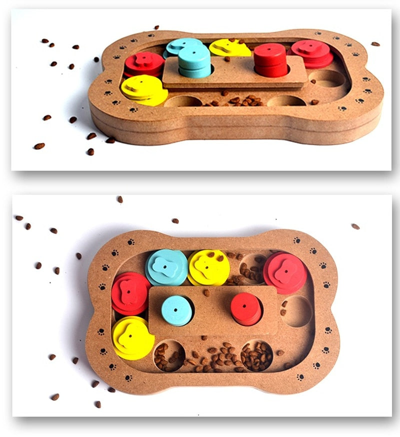 KFX-6407101 Multi-Functional Wooden Puzzle Toy for Dogs - Paw Print & Bone Design