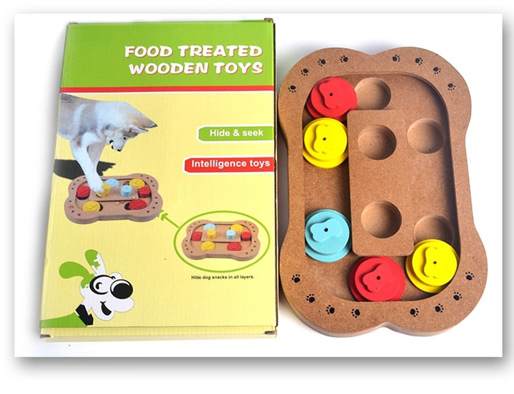 KFX-6407101 Multi-Functional Wooden Puzzle Toy for Dogs - Paw Print & Bone Design
