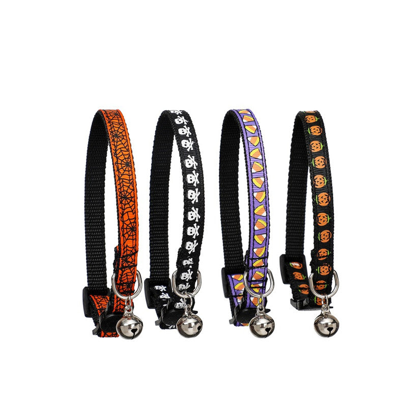 KFX-6408253 Halloween-Themed Cat Collar in Multiple Patterns: Spider Web, Skull, Candy, Pumpkin - Adjustable Size S (1.0*28cm)