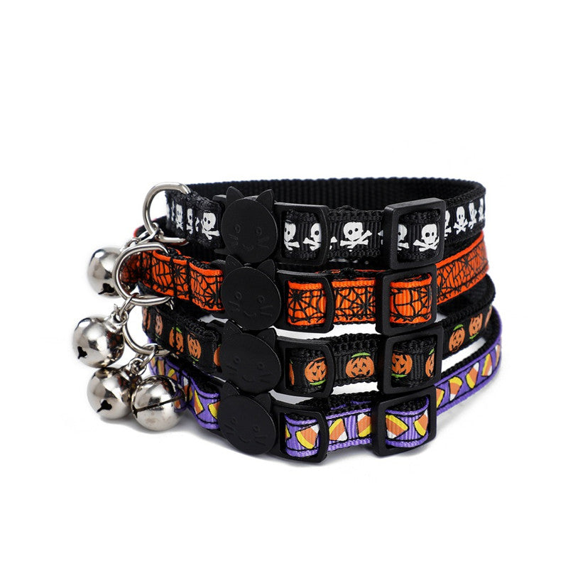 KFX-6408253 Halloween-Themed Cat Collar in Multiple Patterns: Spider Web, Skull, Candy, Pumpkin - Adjustable Size S (1.0*28cm)