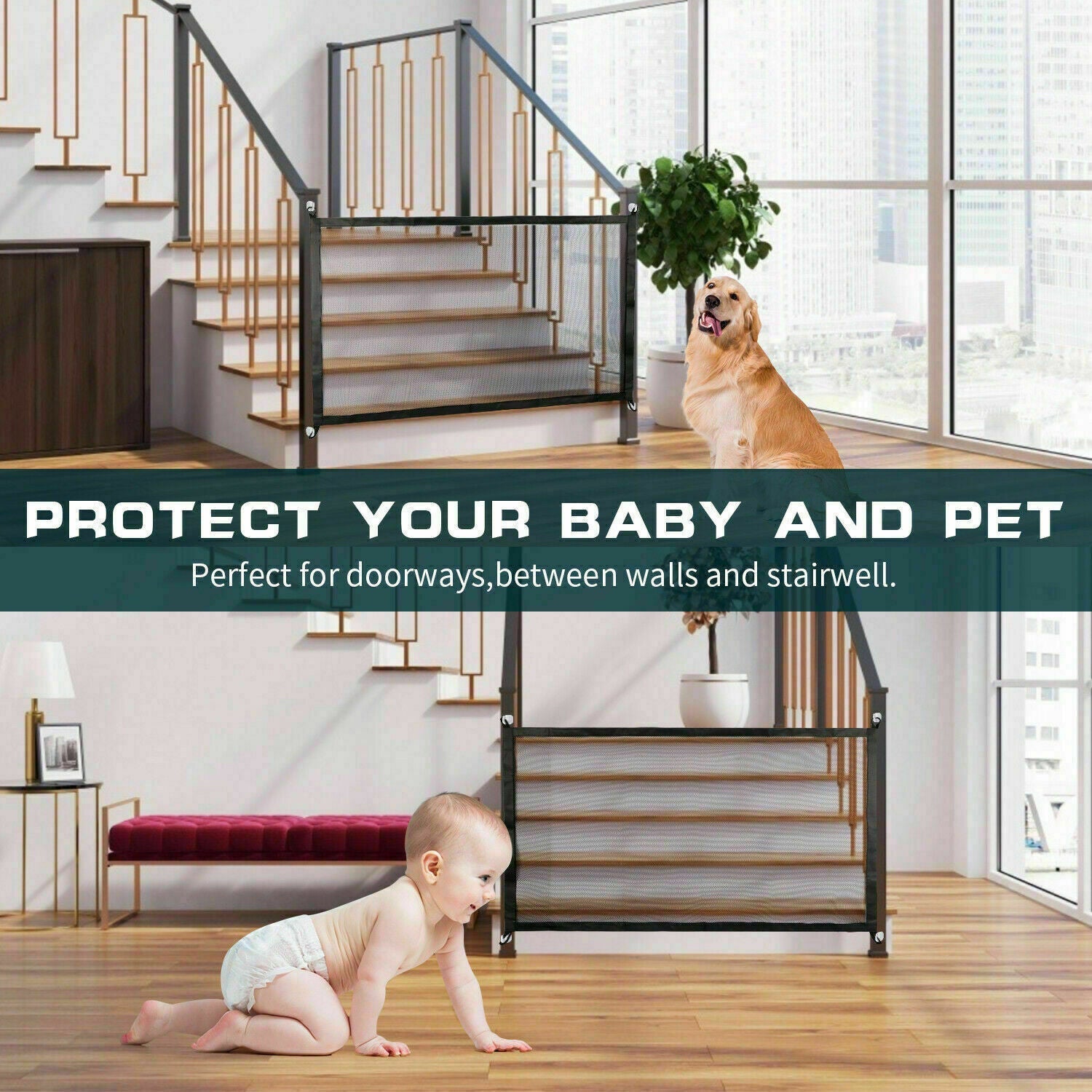 KFX-6409533 Portable Mesh Safety Gate for Pets - Adjustable, Pressure-Mounted Fence for Stairs and Doorways
