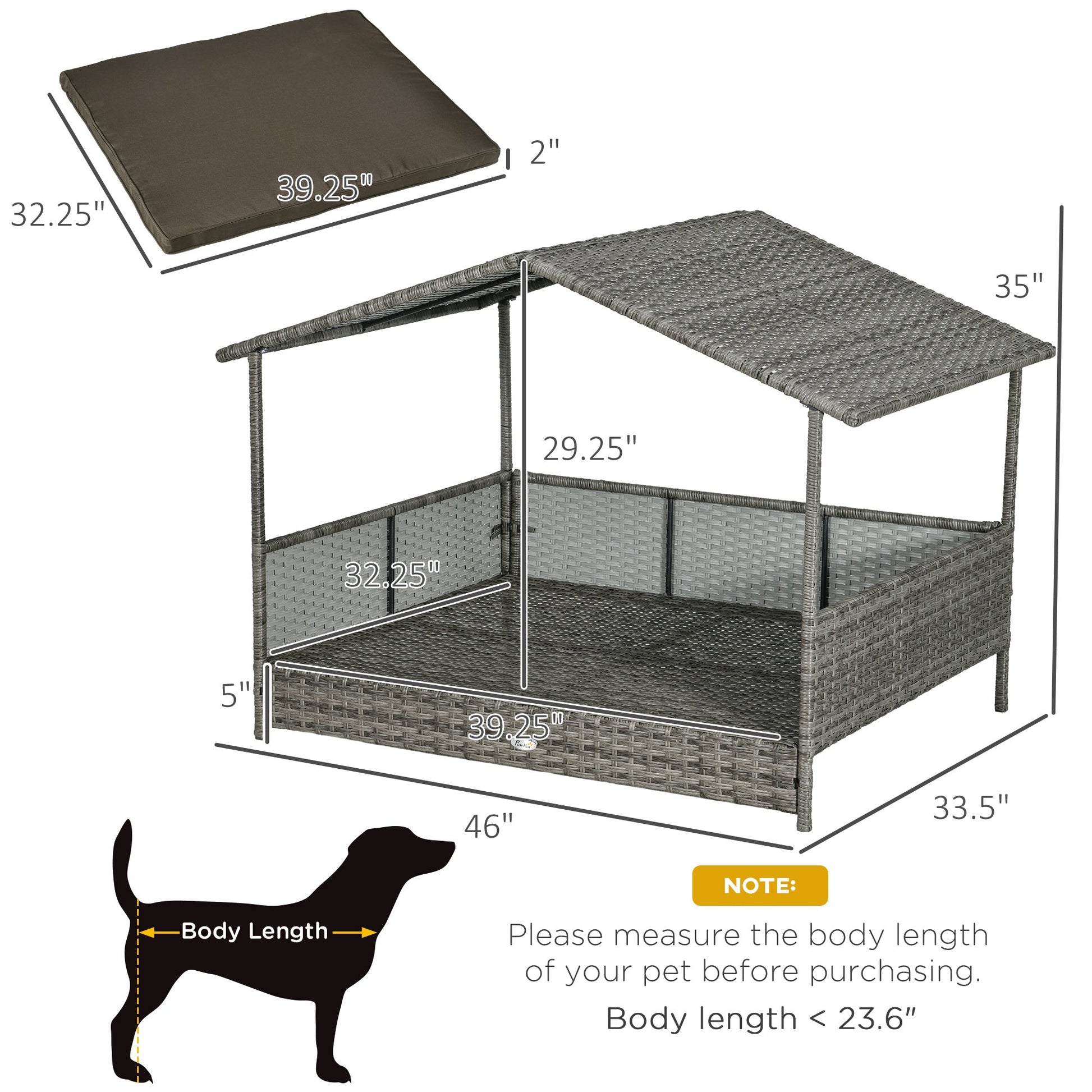 KFX-6410685 Charcoal Gray Rattan Outdoor Dog Bed with Canopy and Comfortable Cushion for Medium to Large Dogs