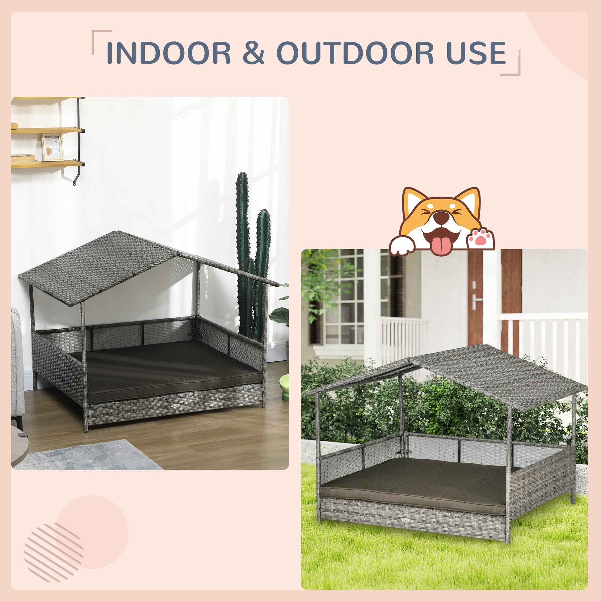 KFX-6410685 Charcoal Gray Rattan Outdoor Dog Bed with Canopy and Comfortable Cushion for Medium to Large Dogs