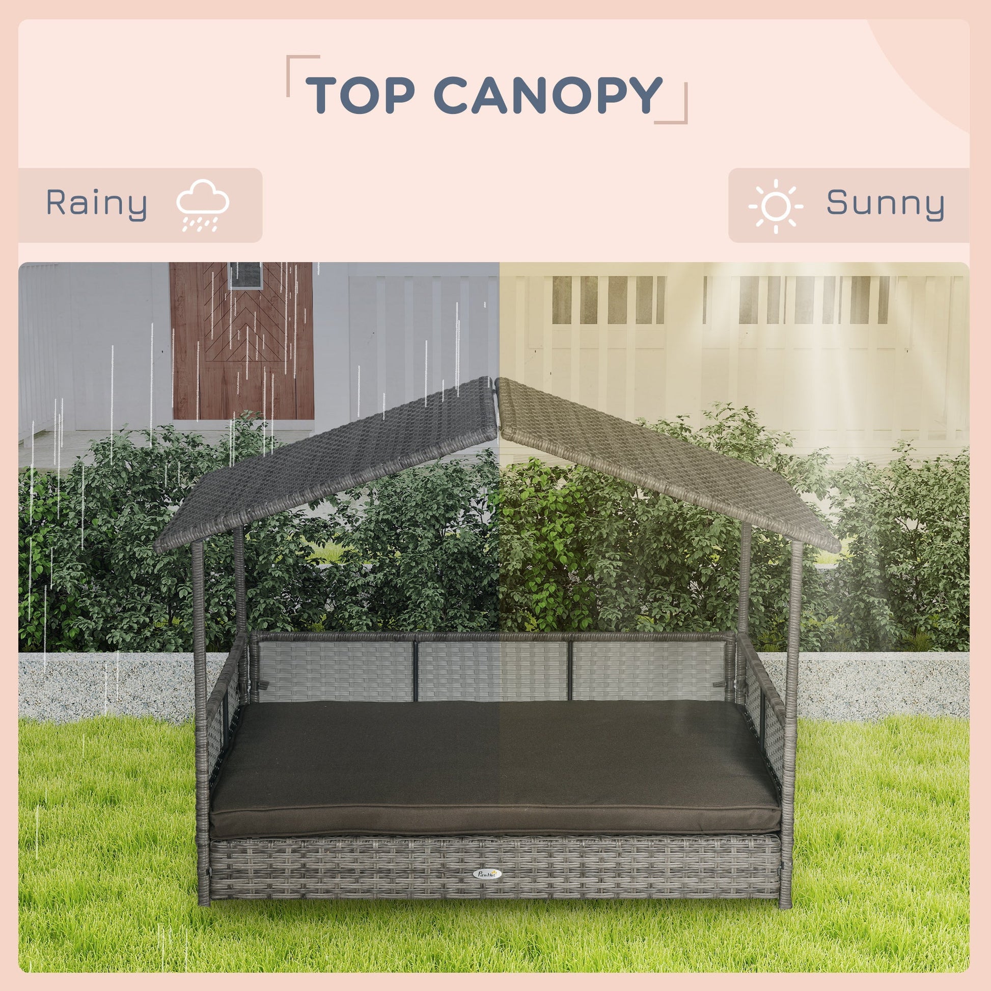 KFX-6410685 Charcoal Gray Rattan Outdoor Dog Bed with Canopy and Comfortable Cushion for Medium to Large Dogs