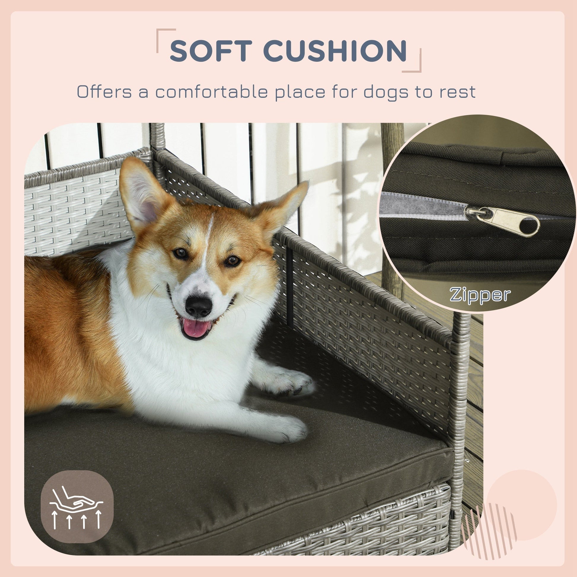 KFX-6410685 Charcoal Gray Rattan Outdoor Dog Bed with Canopy and Comfortable Cushion for Medium to Large Dogs