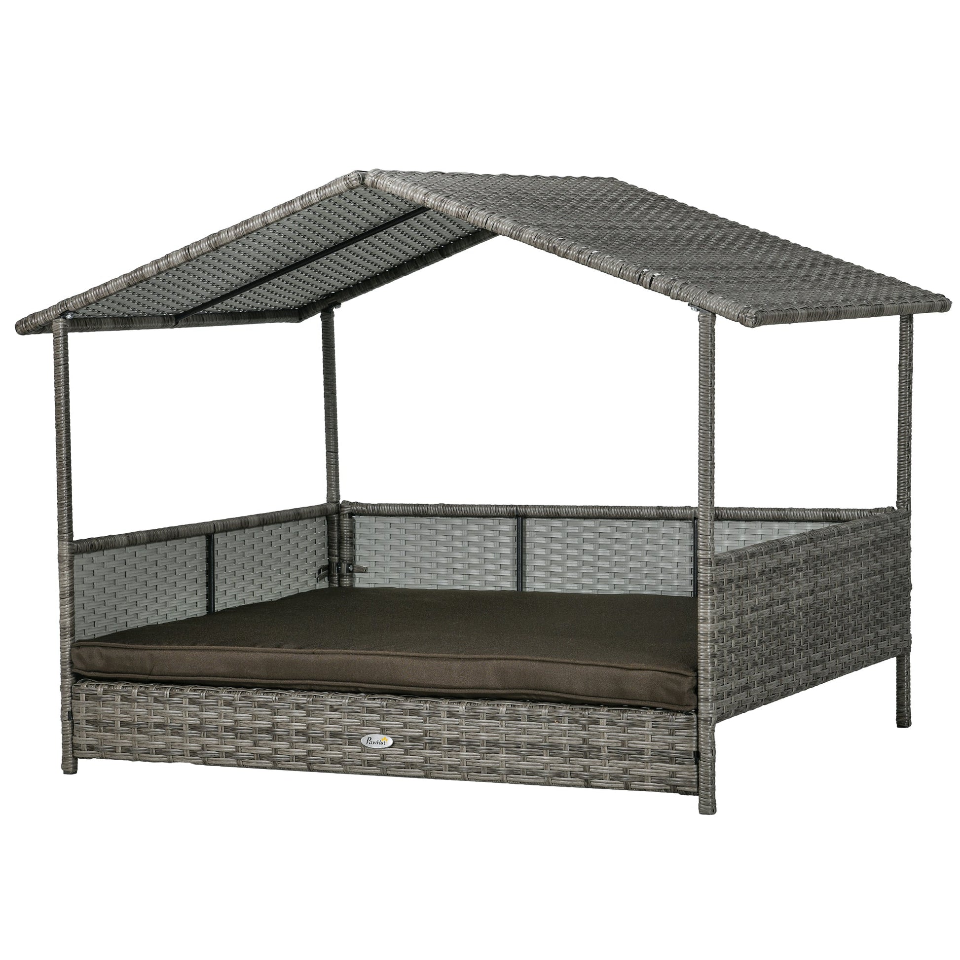 KFX-6410685 Charcoal Gray Rattan Outdoor Dog Bed with Canopy and Comfortable Cushion for Medium to Large Dogs