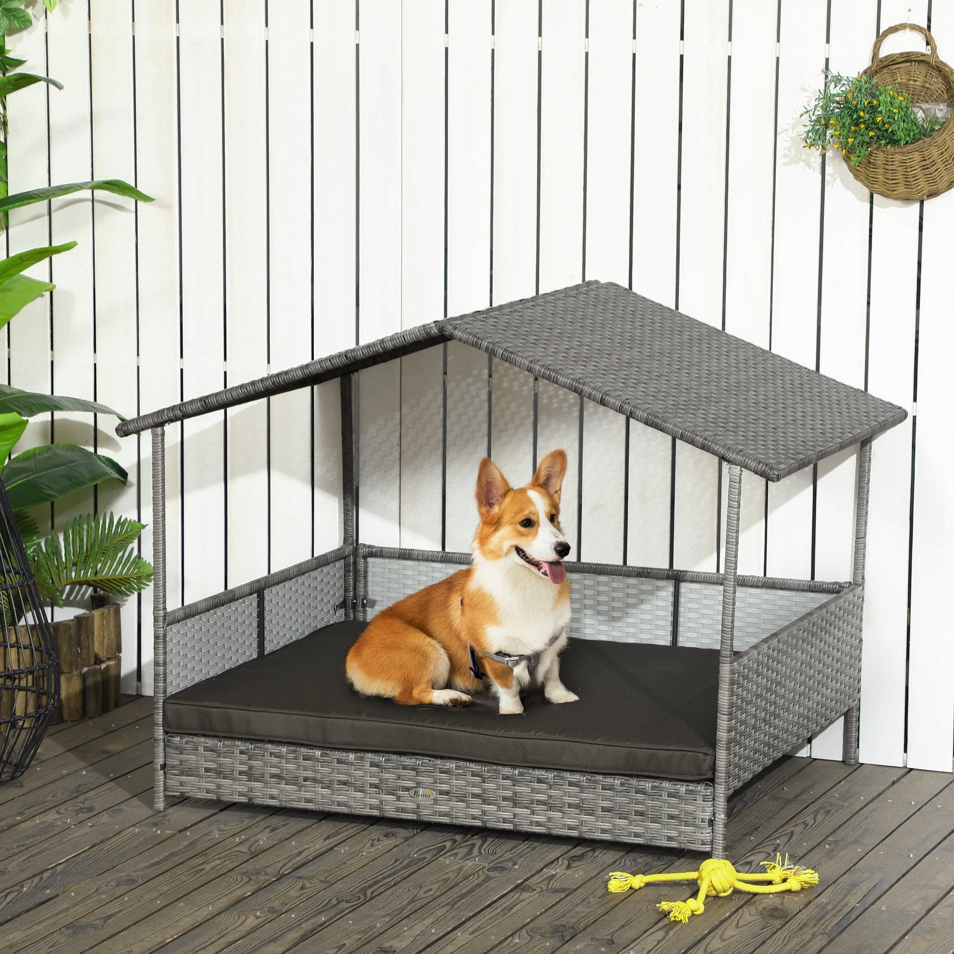 KFX-6410685 Charcoal Gray Rattan Outdoor Dog Bed with Canopy and Comfortable Cushion for Medium to Large Dogs