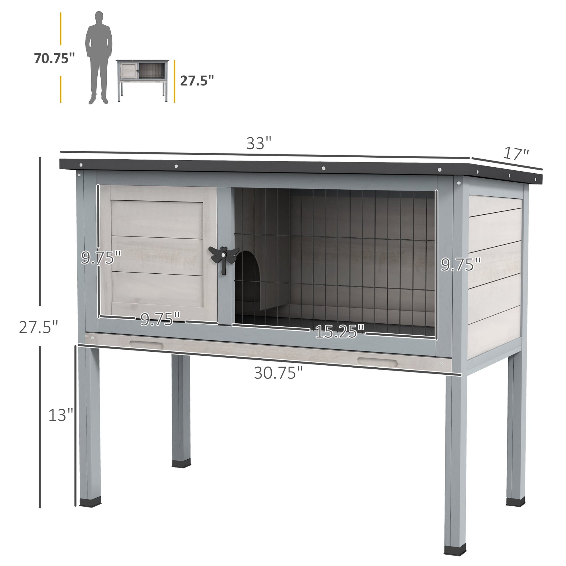 KFX-6421437 Compact Elevated Rabbit Hutch with Asphalt Roof and Removable Tray for Easy Cleaning
