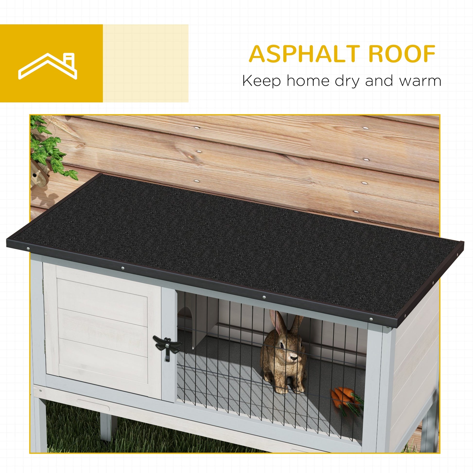 KFX-6421437 Compact Elevated Rabbit Hutch with Asphalt Roof and Removable Tray for Easy Cleaning