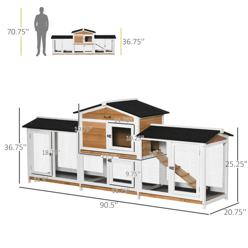 KFX-6427197 Spacious Wooden Rabbit Hutch with Double-Side Run, Leak-Proof Tray, and Ramp for Small Animals