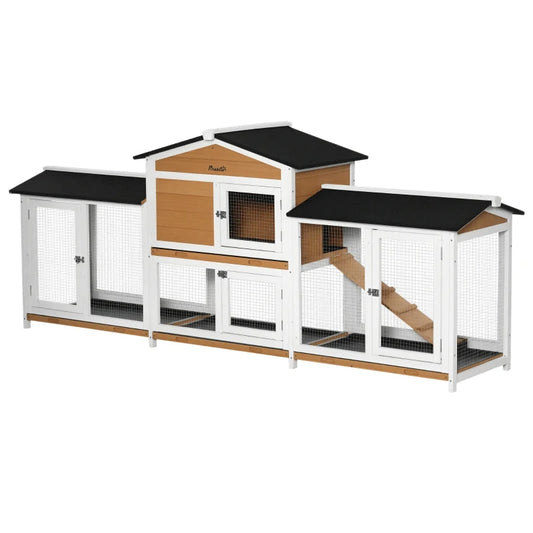 KFX-6427197 Spacious Wooden Rabbit Hutch with Double-Side Run, Leak-Proof Tray, and Ramp for Small Animals