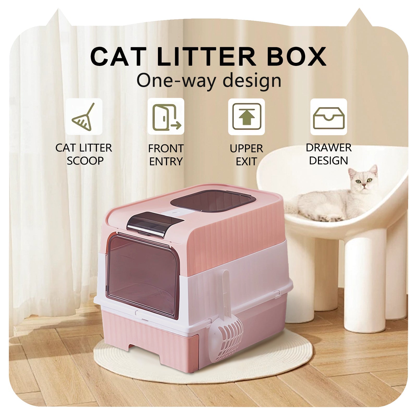 KFX-6428989 Spacious Cat Litter Box with Pull-Out Design - Leak Proof and Odorless for Easy Cleaning