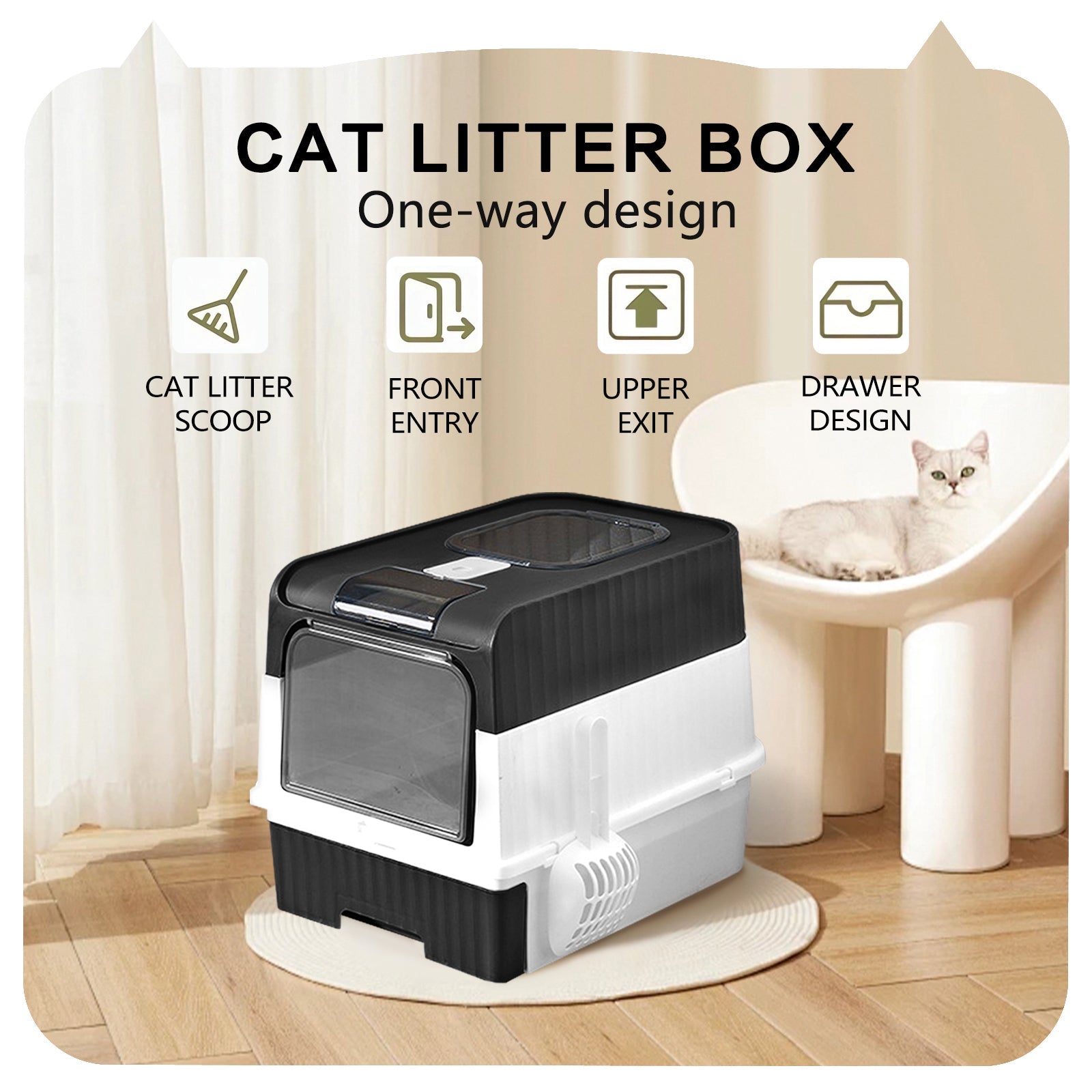 KFX-6428989 Spacious Cat Litter Box with Pull-Out Design - Leak Proof and Odorless for Easy Cleaning