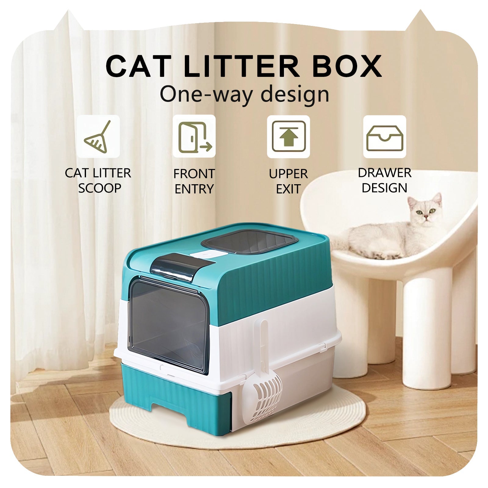 KFX-6428989 Spacious Cat Litter Box with Pull-Out Design - Leak Proof and Odorless for Easy Cleaning