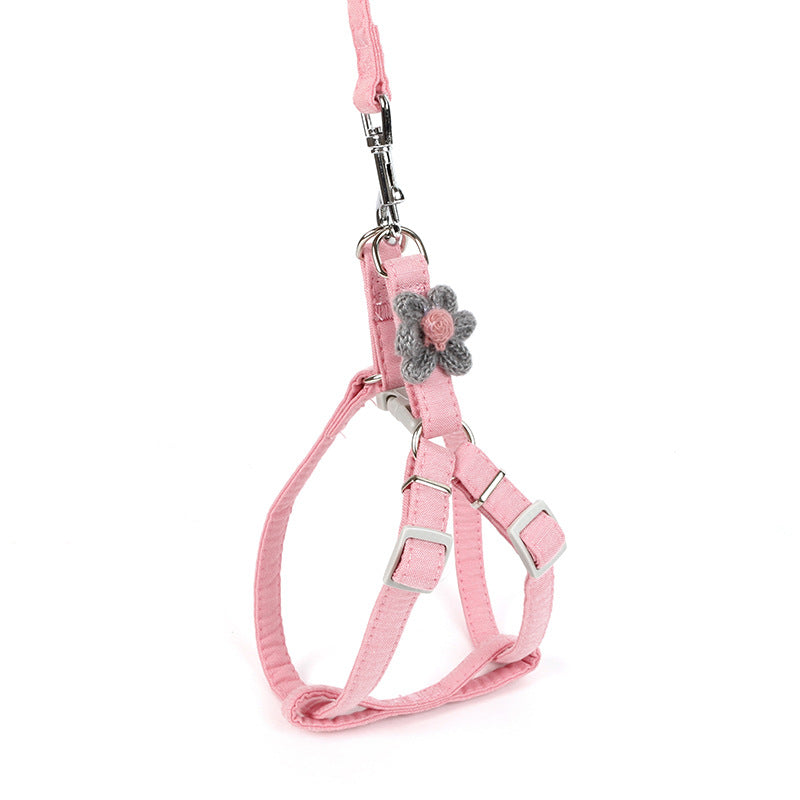 KFX-6433085 Dog Flower Traction Rope with Chest and Back Harness - Pink and Blue Options, Polyester Material