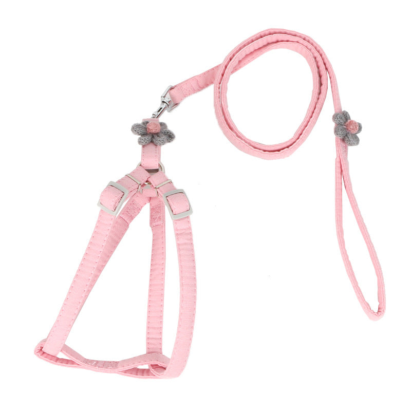 KFX-6433085 Dog Flower Traction Rope with Chest and Back Harness - Pink and Blue Options, Polyester Material