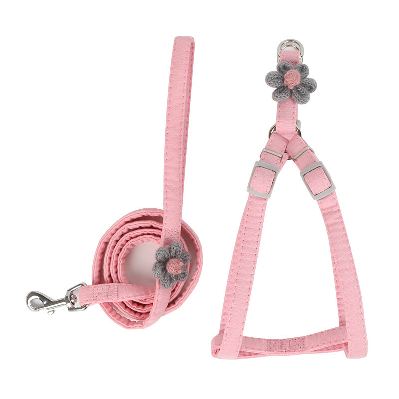 KFX-6433085 Dog Flower Traction Rope with Chest and Back Harness - Pink and Blue Options, Polyester Material