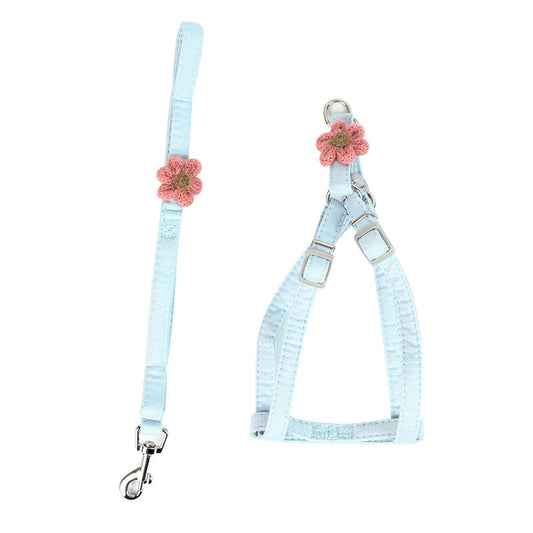 KFX-6433085 Dog Flower Traction Rope with Chest and Back Harness - Pink and Blue Options, Polyester Material