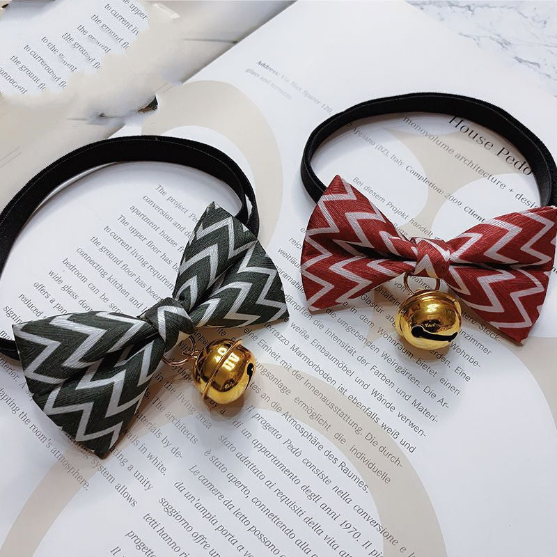 KFX-6441021 Striped Polyester Pet Bow Tie with Bell for Cats, Rabbits, and Dogs - Sizes S and M Available