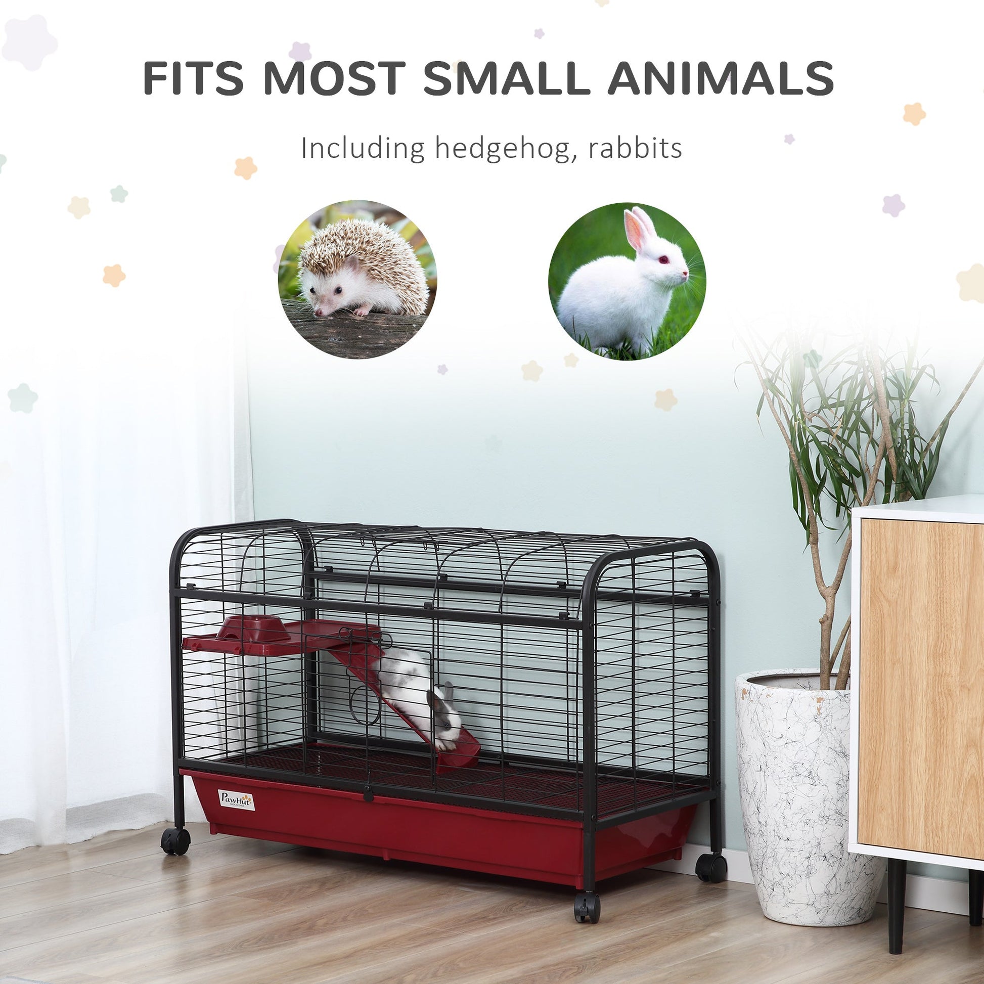 KFX-6448445 Multi-Level Small Animal Cage with Ramp and Feeder - Ideal for Rabbits and Guinea Pigs, Portable with Wheels