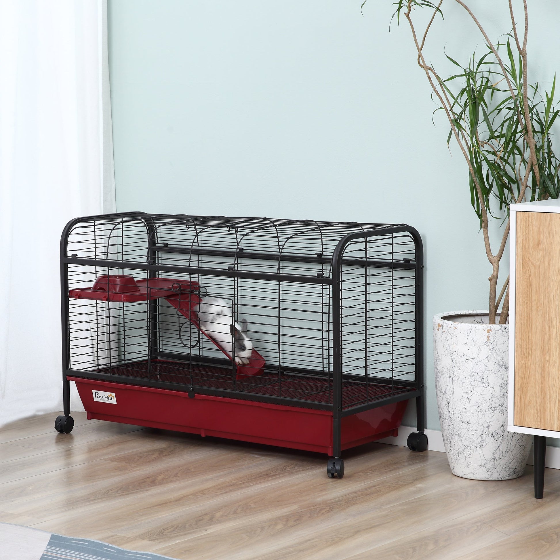 KFX-6448445 Multi-Level Small Animal Cage with Ramp and Feeder - Ideal for Rabbits and Guinea Pigs, Portable with Wheels