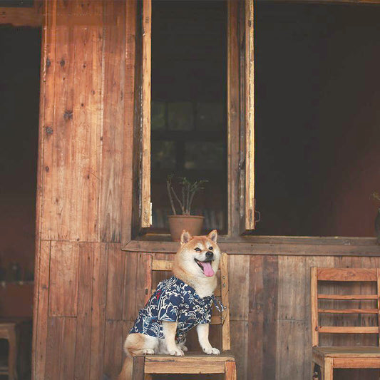 KFX-6458685 Cotton Shiba Inu Pet Kimono in Blue and Black - Stylish, Comfortable Casual Wear for Dogs