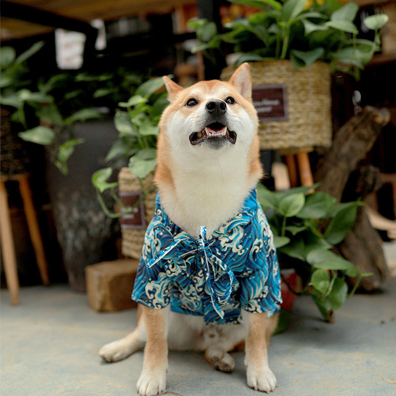 KFX-6458685 Cotton Shiba Inu Pet Kimono in Blue and Black - Stylish, Comfortable Casual Wear for Dogs