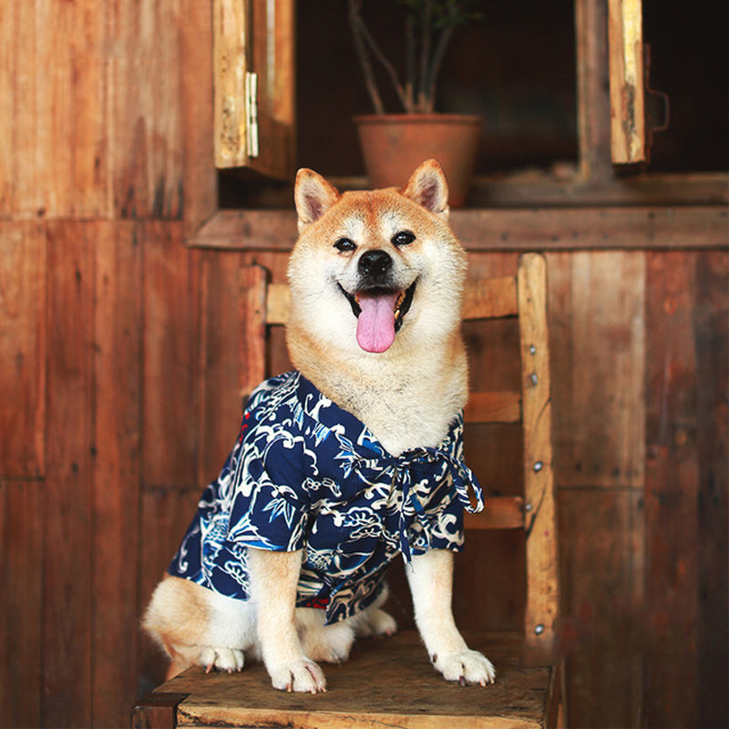 KFX-6458685 Cotton Shiba Inu Pet Kimono in Blue and Black - Stylish, Comfortable Casual Wear for Dogs