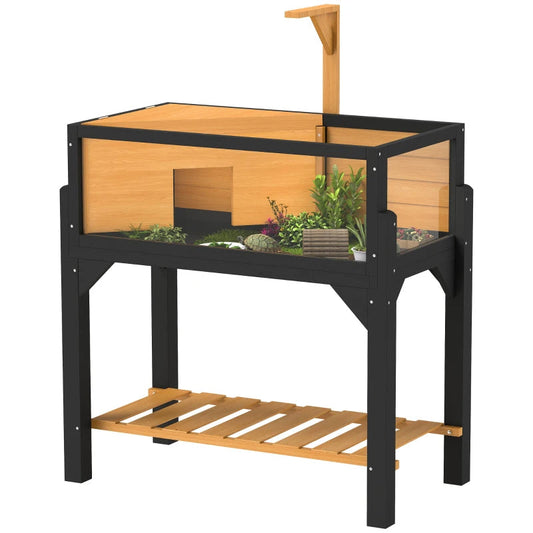 KFX-6459965 Wooden Tortoise Habitat with Storage Shelf, Clear Windows, Openable Top, Lamp Holder, Durable Yellow Finish