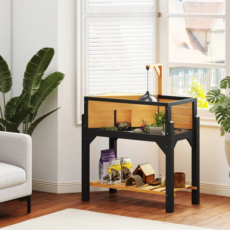 KFX-6459965 Wooden Tortoise Habitat with Storage Shelf, Clear Windows, Openable Top, Lamp Holder, Durable Yellow Finish
