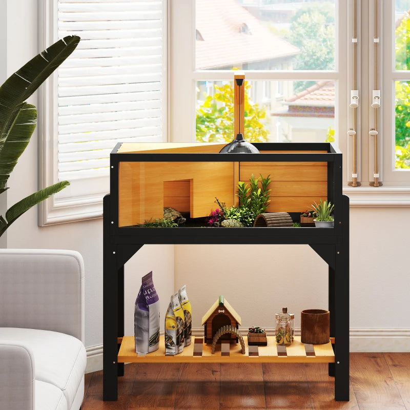 KFX-6459965 Wooden Tortoise Habitat with Storage Shelf, Clear Windows, Openable Top, Lamp Holder, Durable Yellow Finish