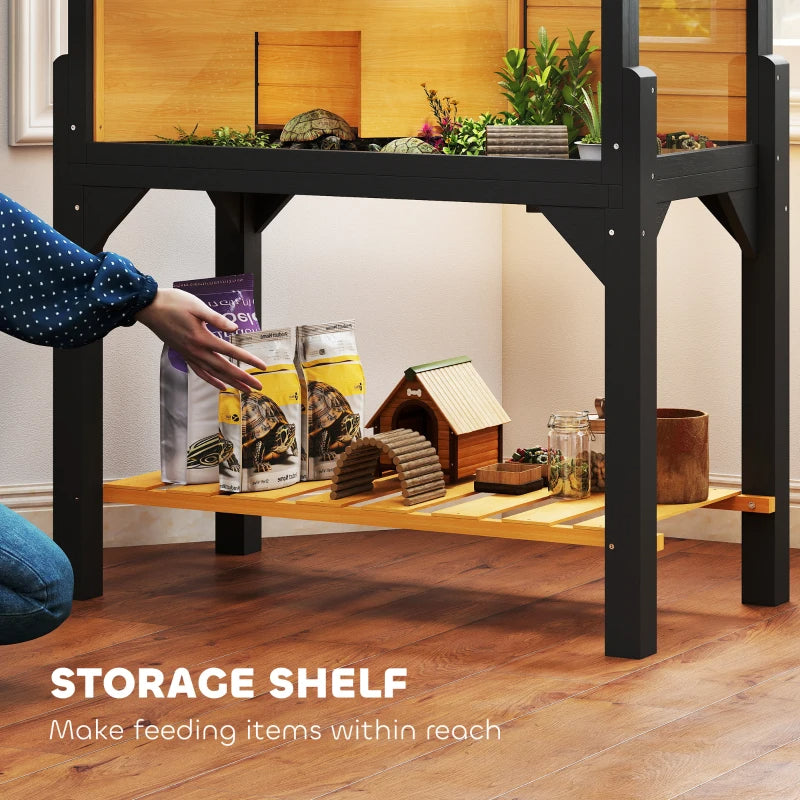 KFX-6459965 Wooden Tortoise Habitat with Storage Shelf, Clear Windows, Openable Top, Lamp Holder, Durable Yellow Finish
