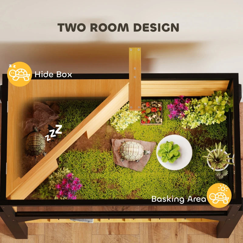 KFX-6459965 Wooden Tortoise Habitat with Storage Shelf, Clear Windows, Openable Top, Lamp Holder, Durable Yellow Finish