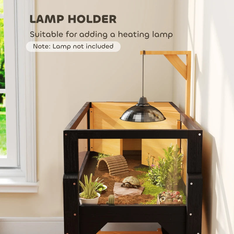 KFX-6459965 Wooden Tortoise Habitat with Storage Shelf, Clear Windows, Openable Top, Lamp Holder, Durable Yellow Finish