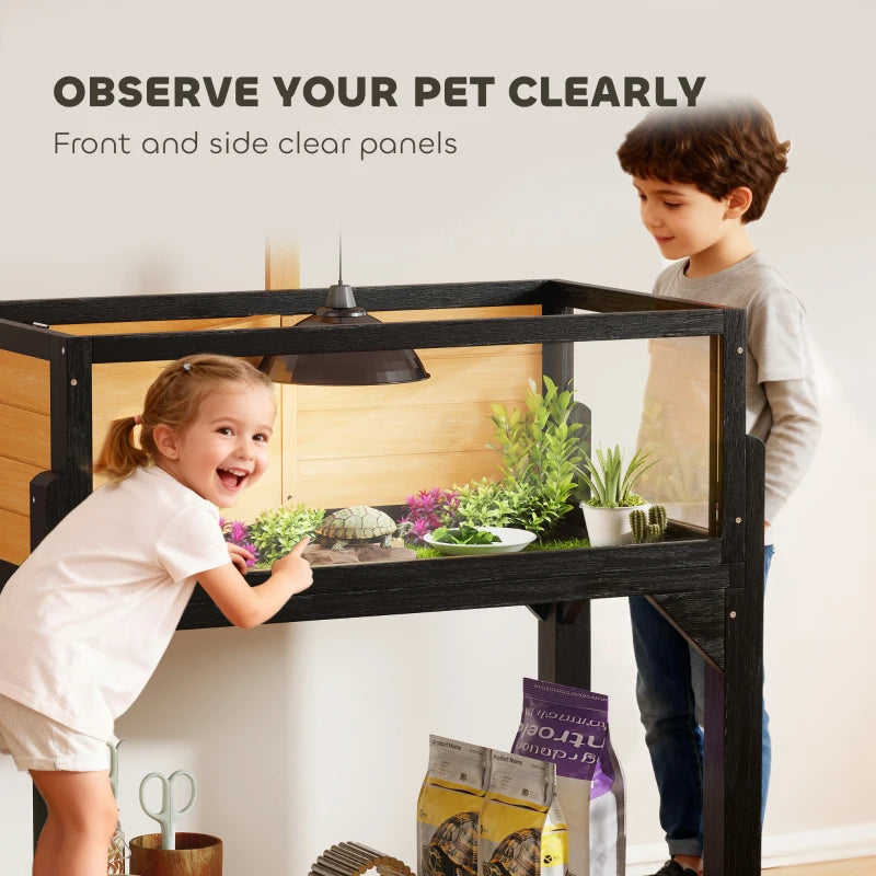KFX-6459965 Wooden Tortoise Habitat with Storage Shelf, Clear Windows, Openable Top, Lamp Holder, Durable Yellow Finish