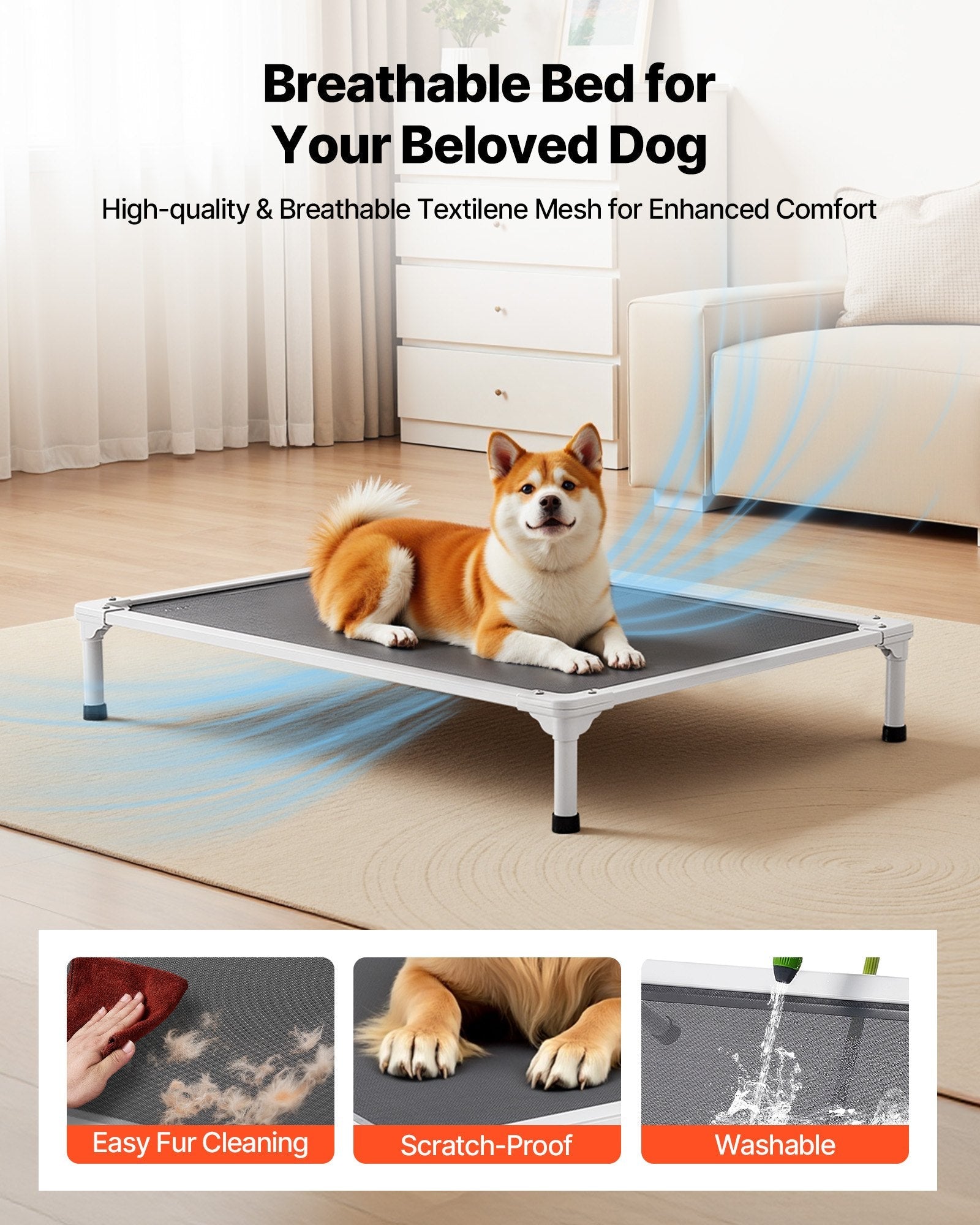 KFX-6476221 Elevated Dog Bed for Large Dogs - Portable Raised Dog Cot with Breathable Teslin Mesh and Aluminum Frame