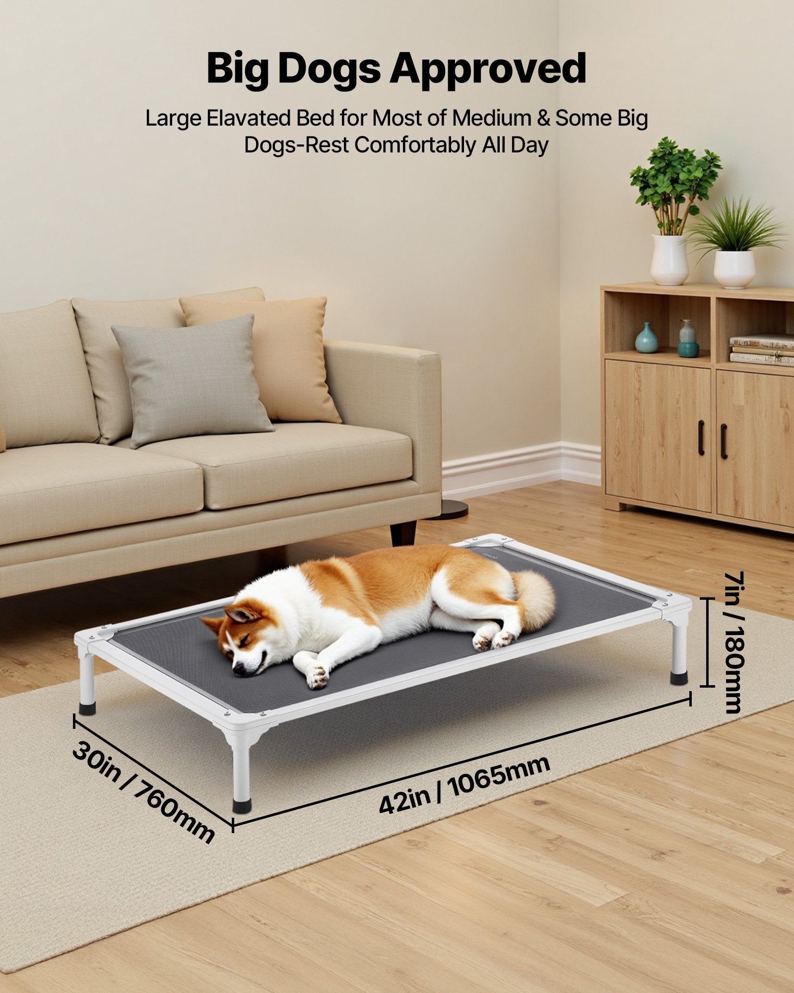 KFX-6476221 Elevated Dog Bed for Large Dogs - Portable Raised Dog Cot with Breathable Teslin Mesh and Aluminum Frame